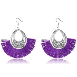 Womens Silver Purple Fringe Dangle Earrings